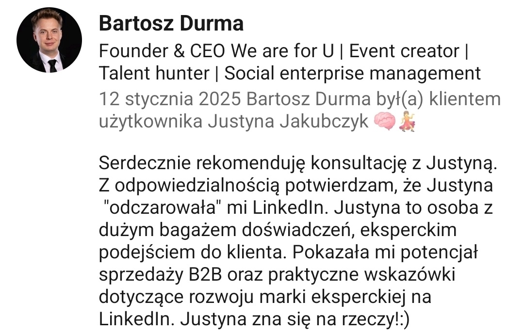 Bartosz Durma rekomendacja Sprzedaż B2B na LinkedIn