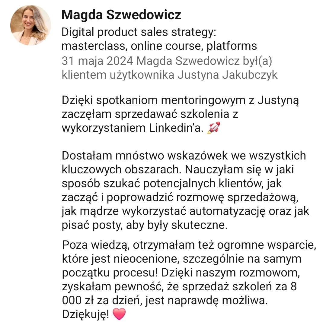 Magda Szwedowicz rekomendacja Sprzedaż B2B na LinkedIn