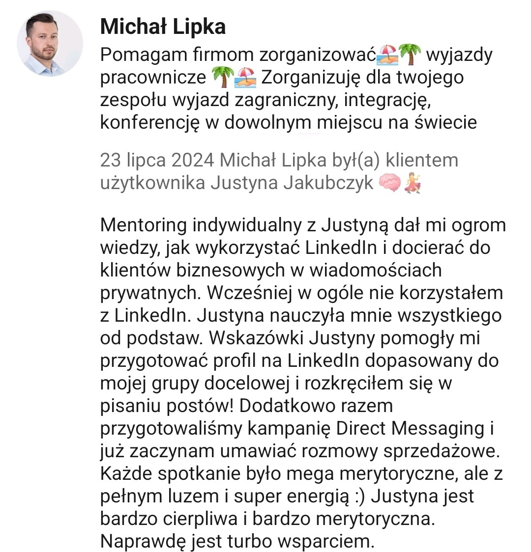 Michał Lipka rekomendacja Sprzedaż B2B na LinkedIn