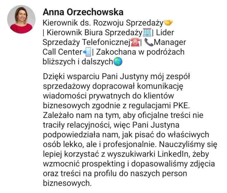 Anna Orzechowska Testimonial rekomendacja LinkedIn